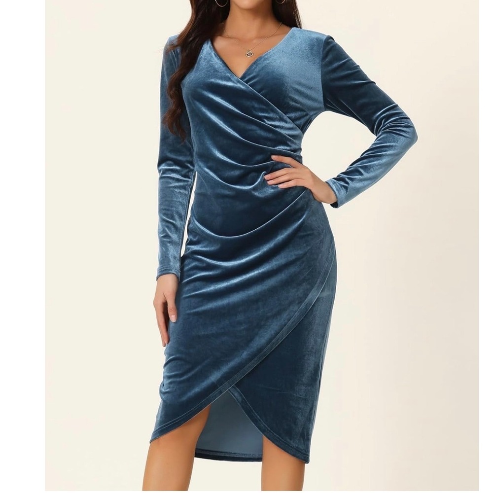 Unbranded Velvet Long Sleeve Ruched Wrap Dress Blue V-Neck Tulip Hem Mid-Length